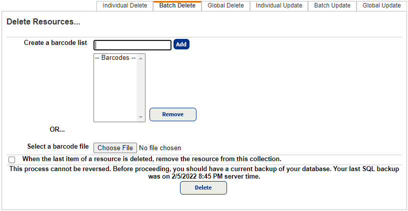 Batch Delete sub-tab.